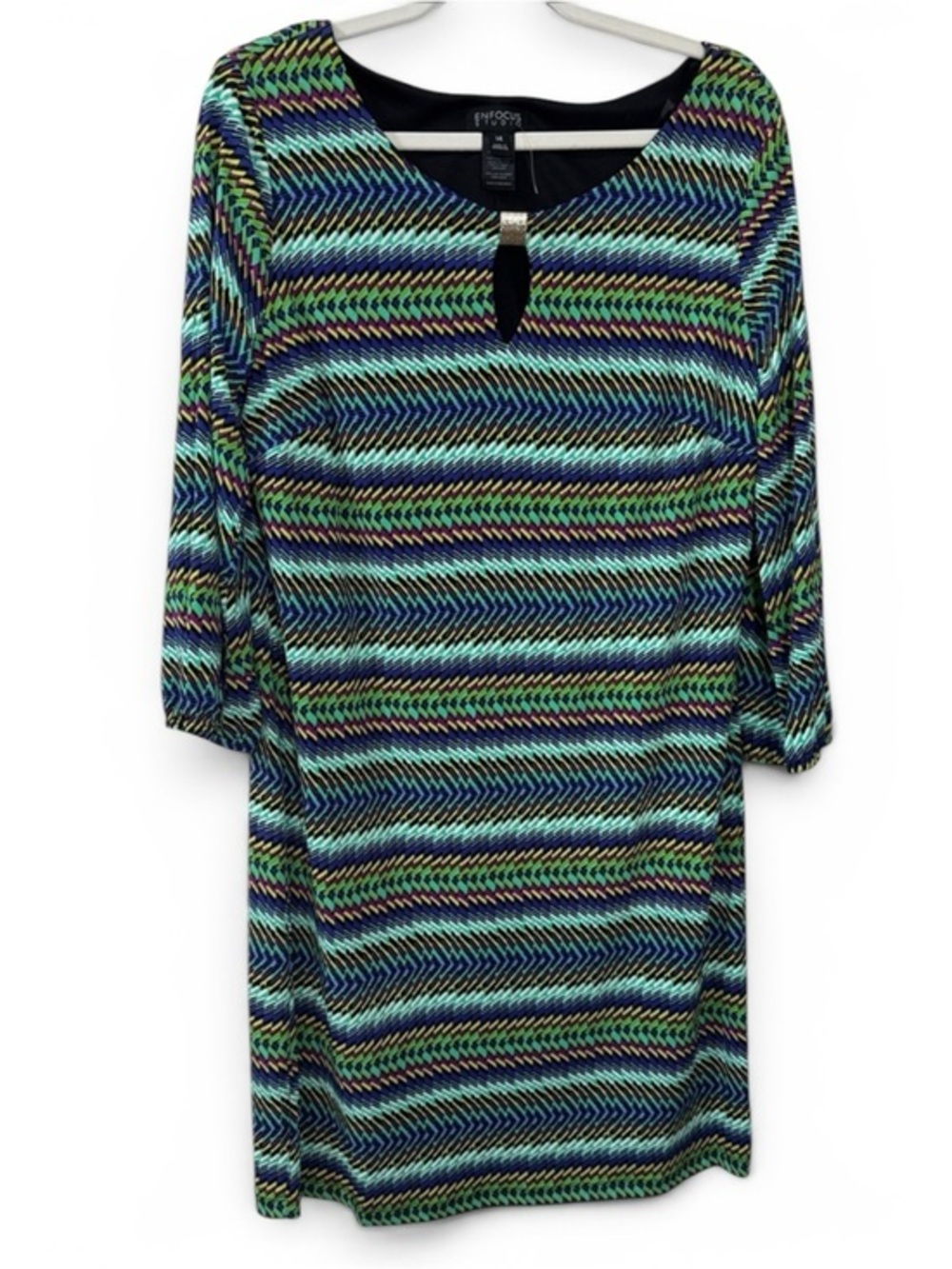 Enfocus Navy Multi Chevron Shift Dress w/ Keyhole Front & Silver Detail -Size 14